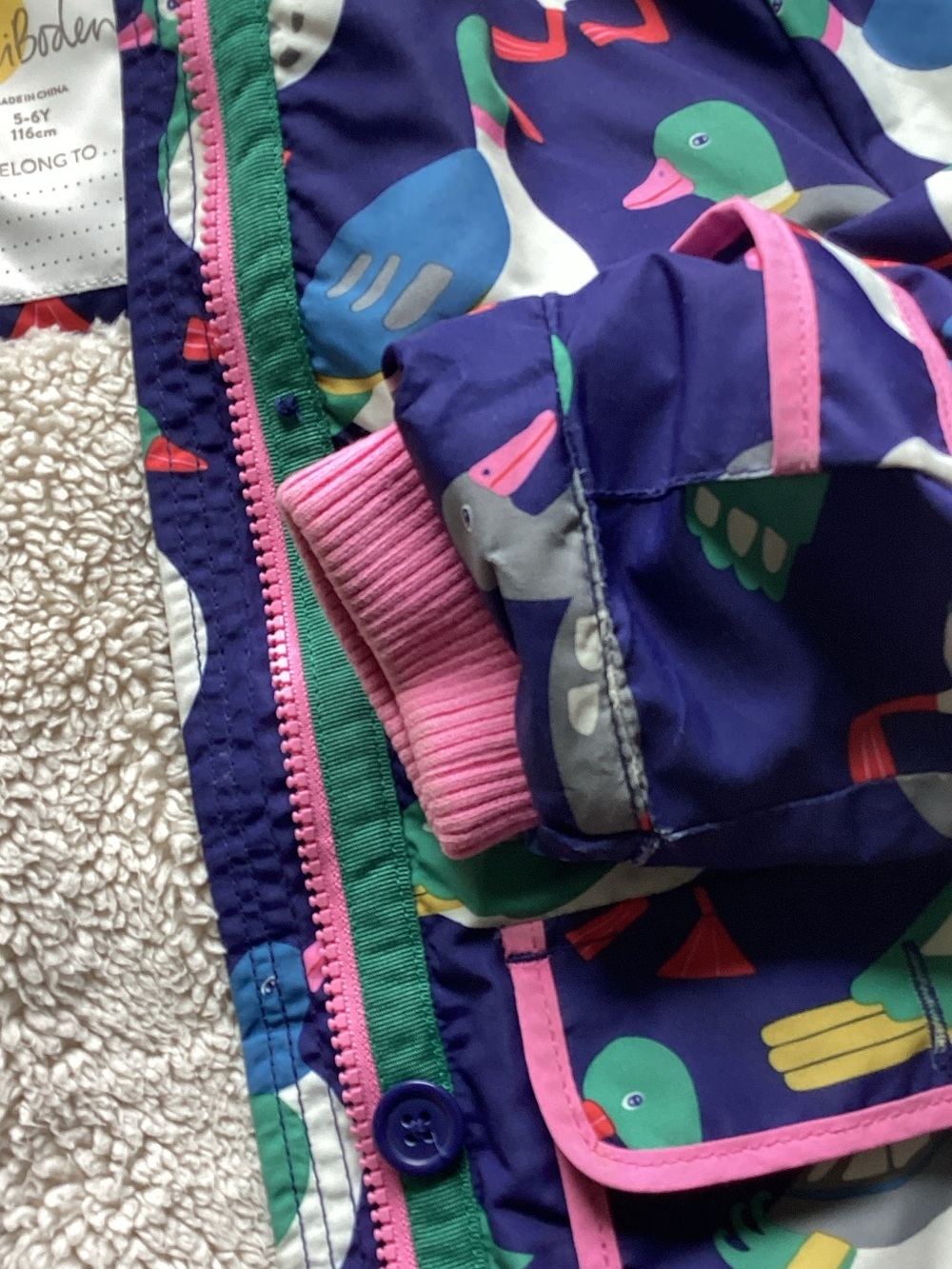 Mini Boden Purple Seagull-Print Hooded Raincoat with Sherpa Lining - Picture 6 of 8